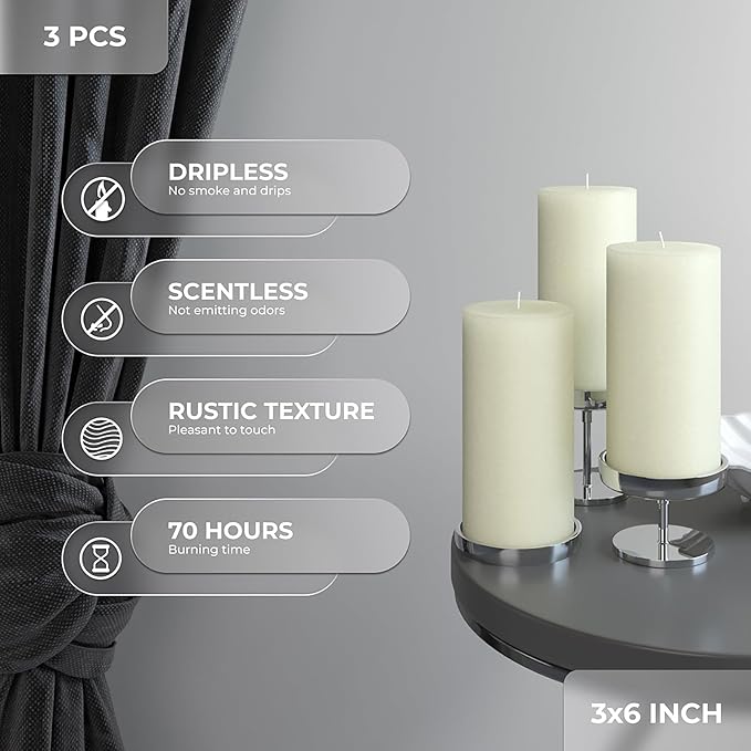 CANDWAX Large Pillar Candles 3x6 Inch – Set of 3 Unscented Dripless Ivory Candles, Rustic Style for Weddings, Home Interior, Events
