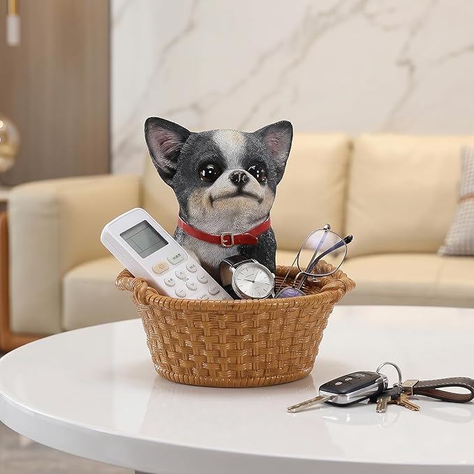Dog Resin Storage Basket, Desktop Organizer for Remote & Keys, Cute Home Decor Tray, Ideal present for Pet Lovers.(Chihuahua Pied)