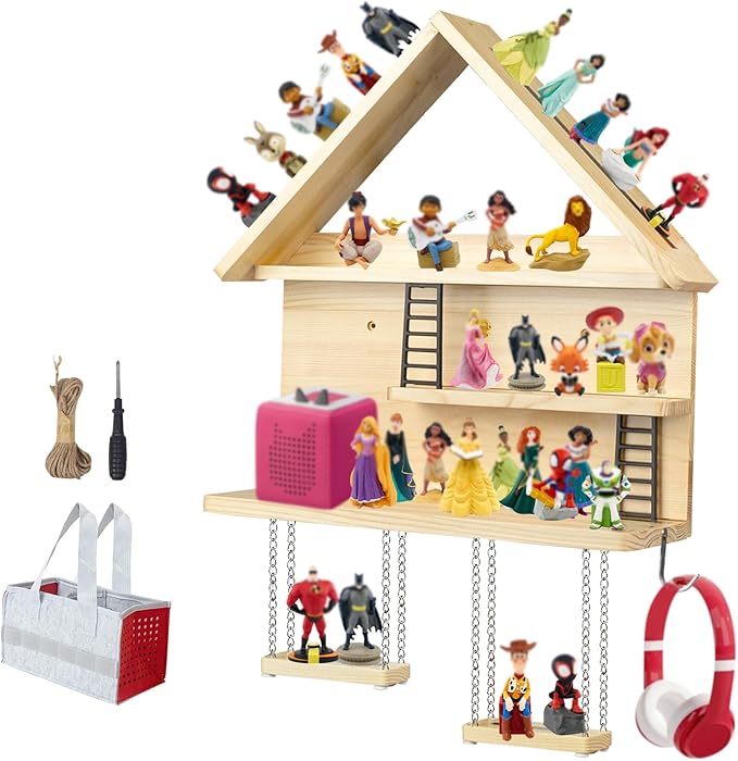 WodGod Magnetic House-Shaped Display Shelf for Tonies, 3-Tier Wooden Shelf with Magnetic Strips, Swing Display Seats, Storage Organizer Compatible with Toniebox, Mounting Hardware & Felt Storage Bag