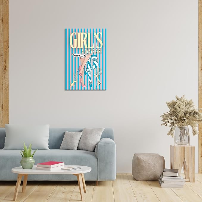 Trendy Always Girls High Heels Poster Funny Cocktail Disco Ball Canvas Wall Art Preppy Blue And Pink Stripes Feminine Girly Prints Painting For Living Room Bedroom Wall Decor 8x12in Wrapped Canvas