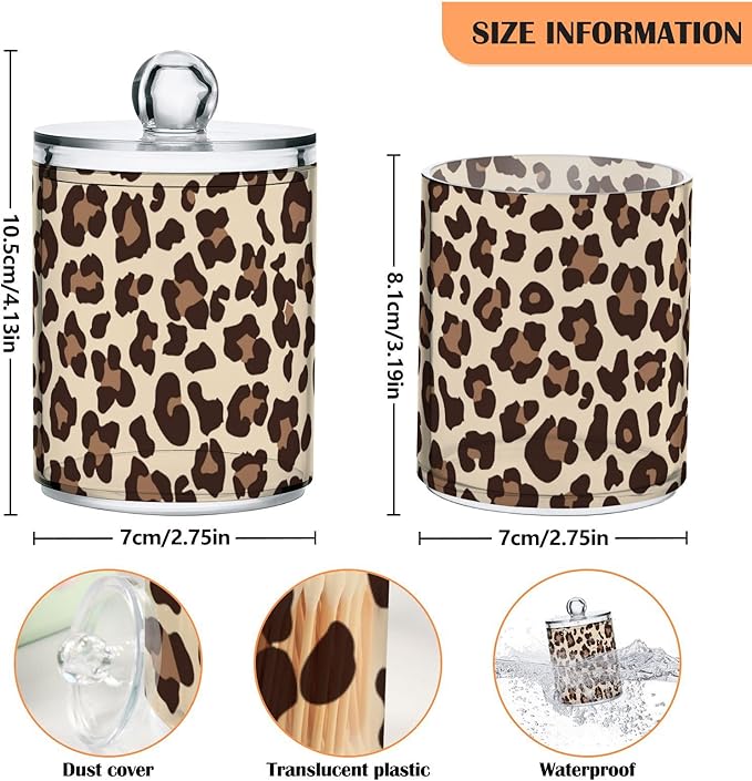 4 Pack Qtip Holder Dispenser Leopard Print Cheetah Cotton Ball Cotton Swab Round Pads Floss Clear Bathroom Storage Containers Plastic Apothecary Jars with Lids