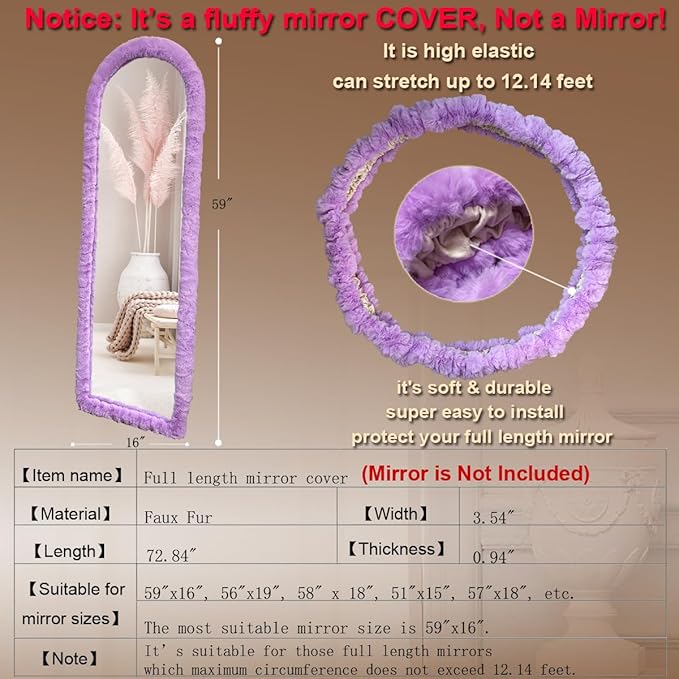 Fluffy Mirror Cover - 59"x16" Full Length Ultra Soft Non-Slip Cover Universal Stretch Cover Warm Home Decor for Bedroom Cloakroom (Purple-Without Mirror)