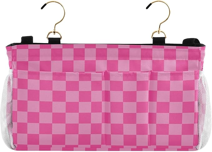 Pink Checkered Print Bedside Caddy Storage Bag Bedside Organizer for Bunk Bed Headboards College Organizer Caddy Hanging Shelf 6 Pockets with Hooks for Drinks Magazine Phone Holder
