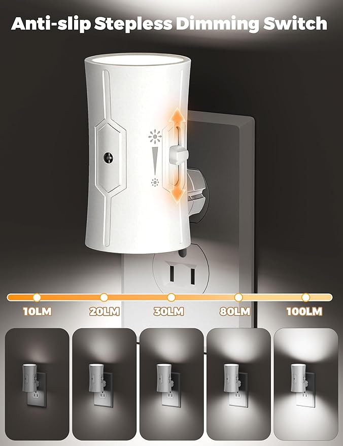 fesnne Night Light, LED Night Lights Plug into Wall, [2 Pack] White 0-100LM Adjustable Brightness Light Sensor Plug in Night Light for Hallway, Bathroom,Adult