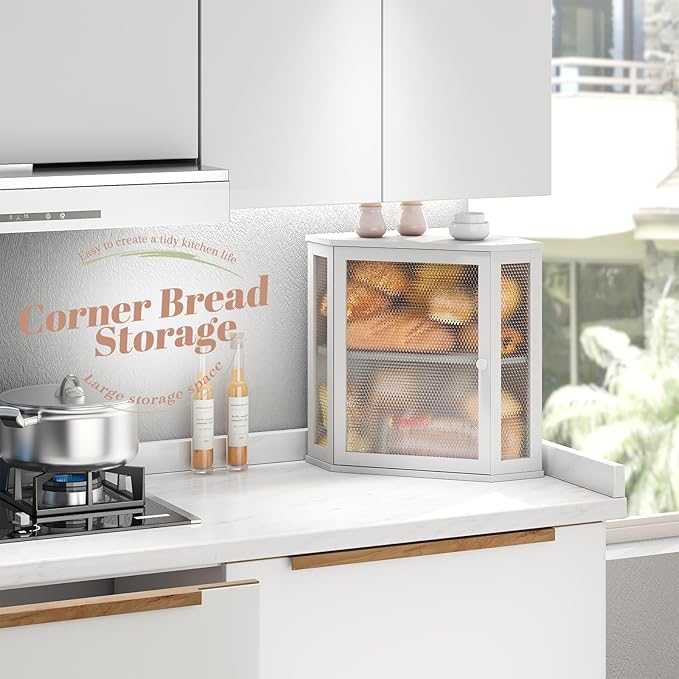 STDDRE Corner Bread Box Kitchen Countertop Extra Large Capacity Farmhouse Bread Box, Corner Countertop Storage, Double Layer Bread Holder (White, Extra Large)