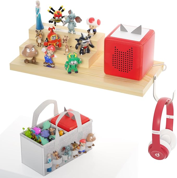 for Tonie Shelf Magnetic - Wooden Tonies Organizer with Carrying Bag, 3 Tiered Magnetic Display Shelf for Toniebox Holder, Wall Mount/Countertop Use Tonies Toy Storage for Kids Room/Playroom (Wood)