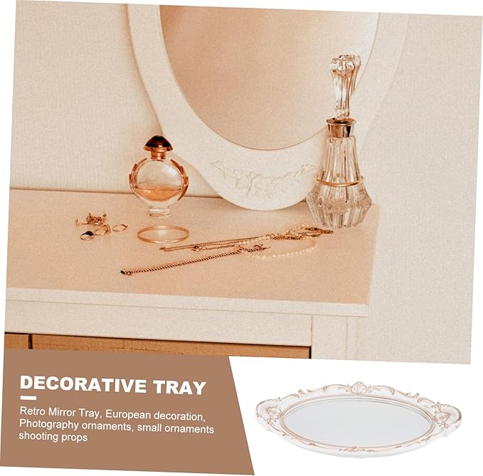 PRETYZOOM Oval Decorative Mirror Tray Vintage Decorative Jewelry Organizer for Makeup and Photo Props Elegant French Style Design for Home and Special Events