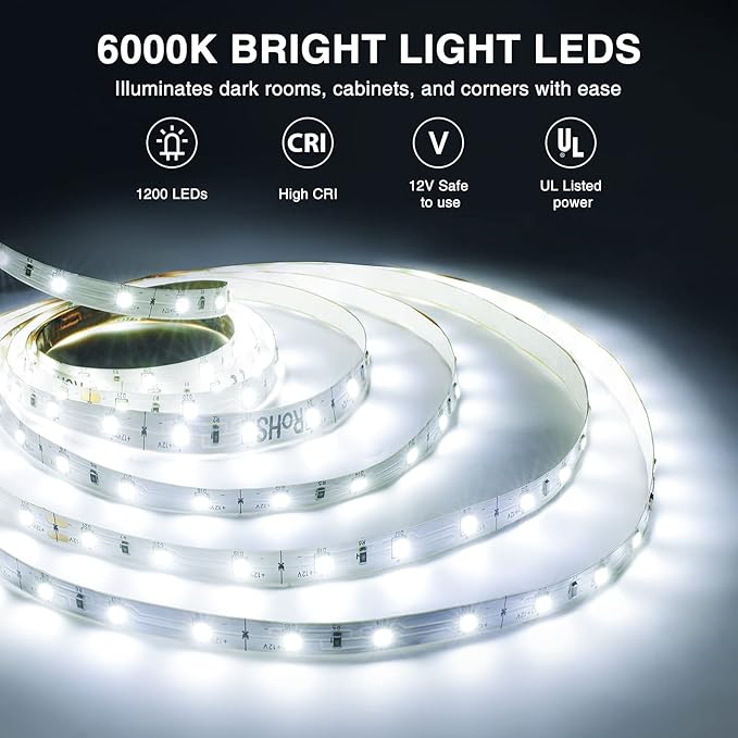 Onforu LED Strip Lighting Bright White, 65.6ft 6000K Dimmable Daylight White Tape Light, Flexible 12V Adhesive Ribbon Easter Rope Light, for Kitchen, Under Cabinet, Bedroom (Pack of 2)