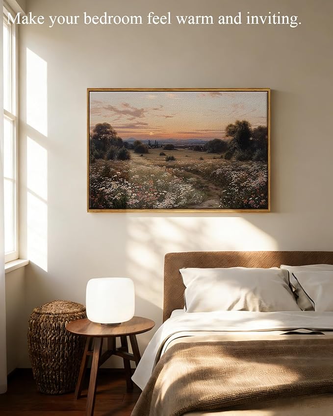 InSimSea Framed Canvas Prints Vintage Decor, Sunset Flower Field Landscape Paintings Wall Art, Large Countryside Farmhouse Hanging Wall Decor for Living Room Bedroom, 24x36inch
