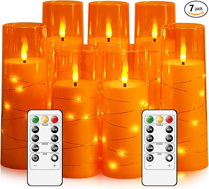 Eebuss Flameless Candles with Embedded Star String, Battery Operated LED Pillar Candles with Timer and Remote Control,Home Decorating for Ambiance, Set of 7 (Orange)