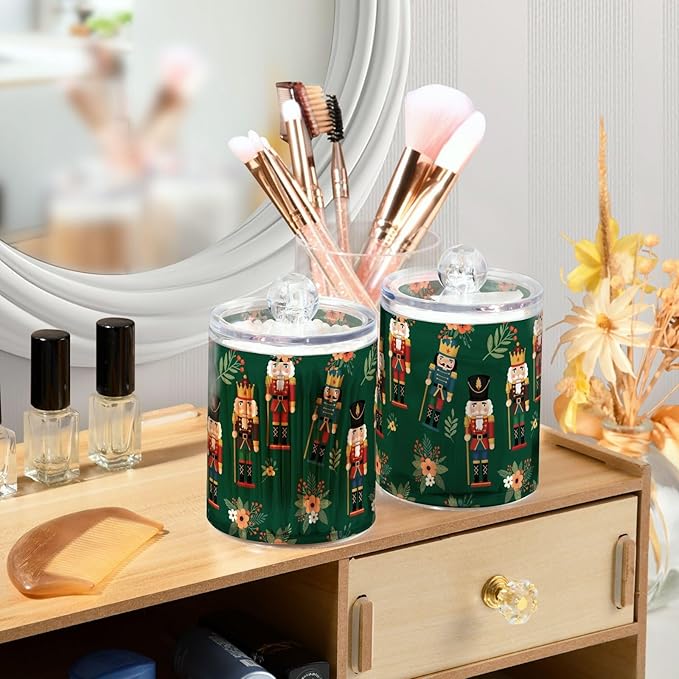 Christmas Nutcracker Green Bathroom Containers Holder with Lids Set Clear Jars 2 Pack Plastic Makeup Storage Organizer 4.13 x 2.75In for Cotton Swabs Hair Clips Pads