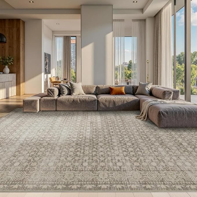 10x14 Washable Area Rug for Living Room, Extra Large Neutral Vintage Boho Rugs for Dining Room, Kids Room, Farmhouse, Durable Low Pile Non Slip Carpet for High Traffic Areas, Apricot