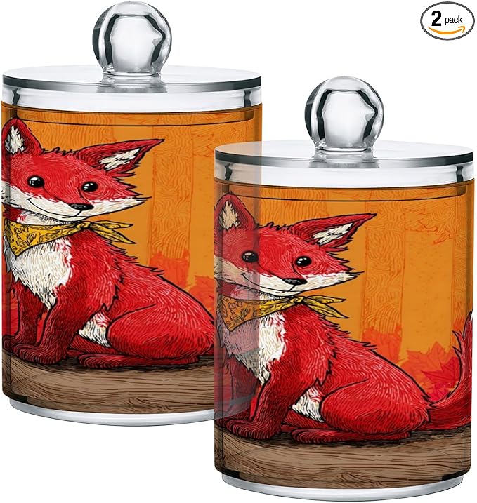 2 Pack Apothecary Jars,Sit Fox Stream Art Bathroom Vanity Storage Organizer Set,Small Clear Plastic Storage Jars Bathroom Canister for Cotton Swabs,Rounds,Balls,Qtips,Makeup Sponges