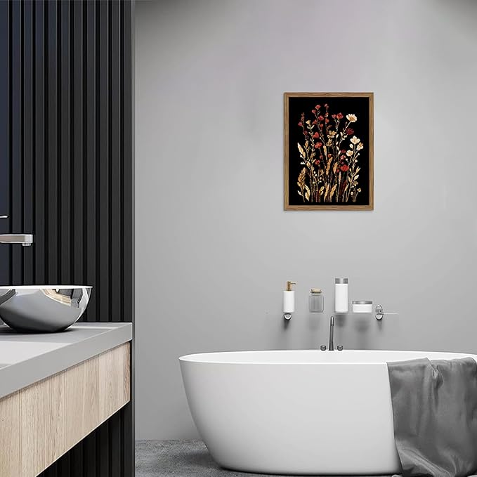 Framed Bathroom Wall Art, Dark Botanical Floral Canvas Wall Decor, Rustic Flower Prints Paintings, Vintage Wildflower Artwork Picture for Bathroom Bedroom Living Room 16x24 Inch