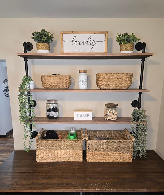 HDDFER Floating Shelves,Wall Mounted Rustic Wood Shelf,Pipe Shelves,Industrial Pipe Shelving with Real Wood Planks 48 inch Industrial Wall Shelves Hanging Bookshelf Farmhouse Kitchen Bar Shelving