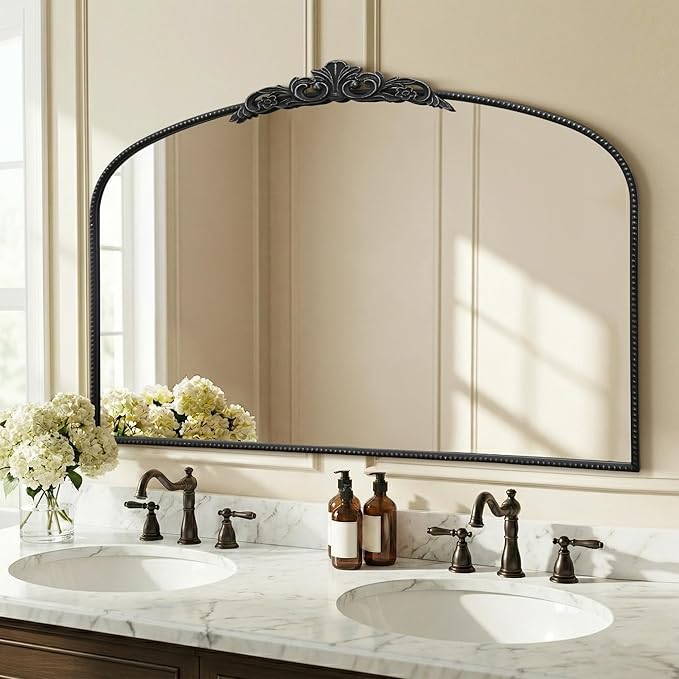 Micasso Large Vintage Black Mirror: 48"x 33" French Baroque Antique Mirror - Traditional Ornate Decorative Wall Mounted Arched Mirrors for Wall/Fireplace/Entryway/Hallway - Home Decor for Living Room