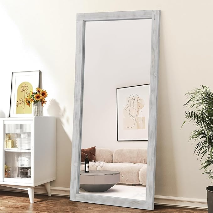 Rustic Farmhouse Full Length Mirror, 71"x32" Wood Frame Large Floor Mirror, Free Standing Leaning Hanging for Bedroom Living Room Cloakroom, Weathered White