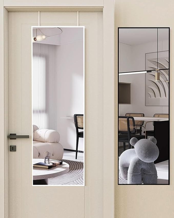 DMWOODFL 48"x14" Over-The-Door Full Length Mirror - No Drill Hanging with Metal Hooks, Shatterproof Glass & Aluminum Frame for Bathroom, Bedroom, Entryway Decor（Silver White）