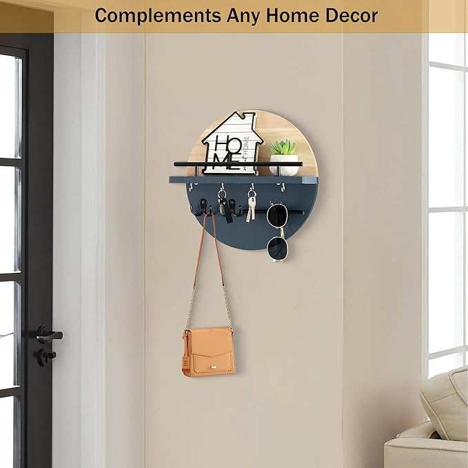 dreampossible Key Holder for Wall Decorative with Shelf and Hooks, Mail Organizer Wall Mount with Sunglasses Holder, Circular Design Entryway Key Rack Hanger, Rustic Home Decor