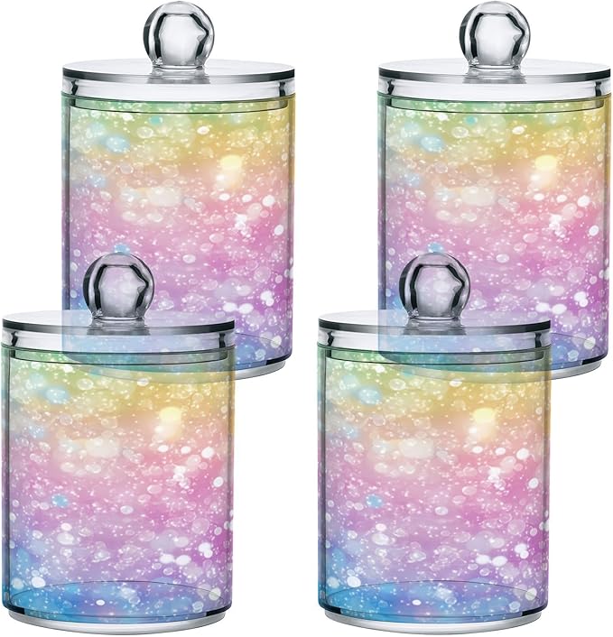Nander 2Pack Sparkling Rainbow Background Qtip Holder Dispenser -Clear Plastic Apothecary Jars Set - Restroom Bathroom Makeup Organizers Containers for Cotton Swab, Ball, Pads, Floss