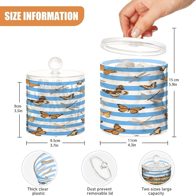 Blue White Striped Butterfly Dragonfly Clear Plastic Makeup Organizer Storage with lid Pantry Essentials Decorative Dental floss storage jar for Cotton Swabs,Cotton Pads,Floss Picks,Paper