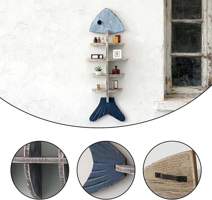 Rustic Wooden Fish Floating Shelf, Unique Fishing Decor Wall Mounted Organizer, Coastal Nautical Display Shelf for Lake House, Bathroom & Living Room