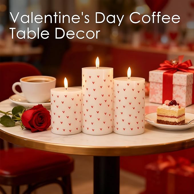 LUSHARBOR Flameless Candles with Remote, Battery Operated Pillar Candles for Valentine's Day Decoration Real Wax Electirc LED Candles for Romantic Home Table Centerpiece Decor Set of 3