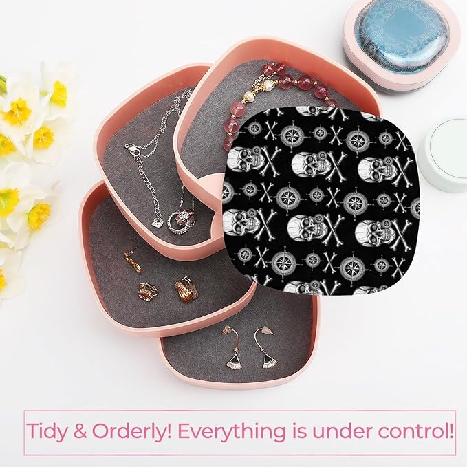 Earring Holder Organizer Jewelry Box with Mirror 3D Pirate Skull Black 4-Layer Rotatable Jewelry Storage Case for Women