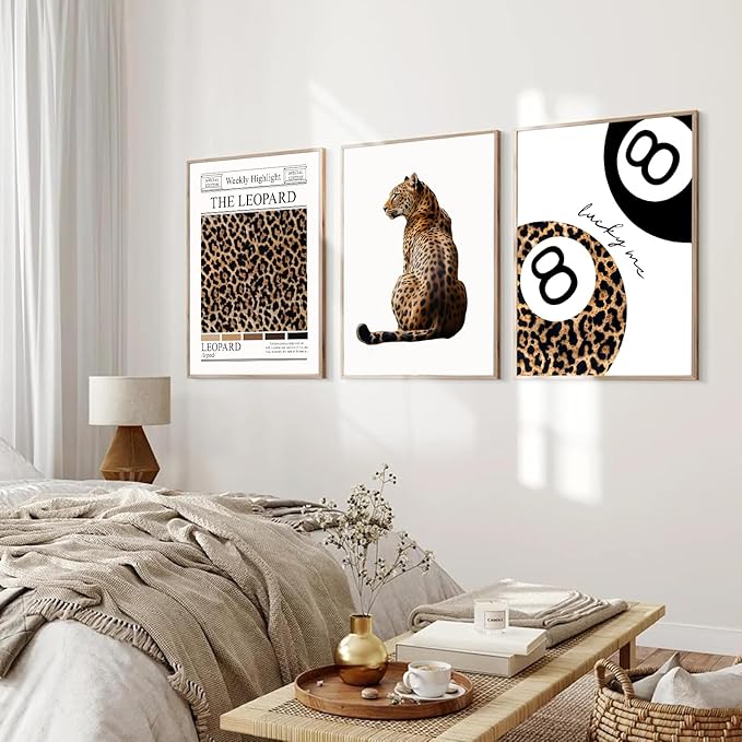 Set of 3 Trendy Leopard Wall Art Funky Lucky 8 Ball Posters Prints Preppy Room Aesthetic Cheetah Wall Decor Pictures for Girls Bedroom Apartment Dorm Unframed 12x16in