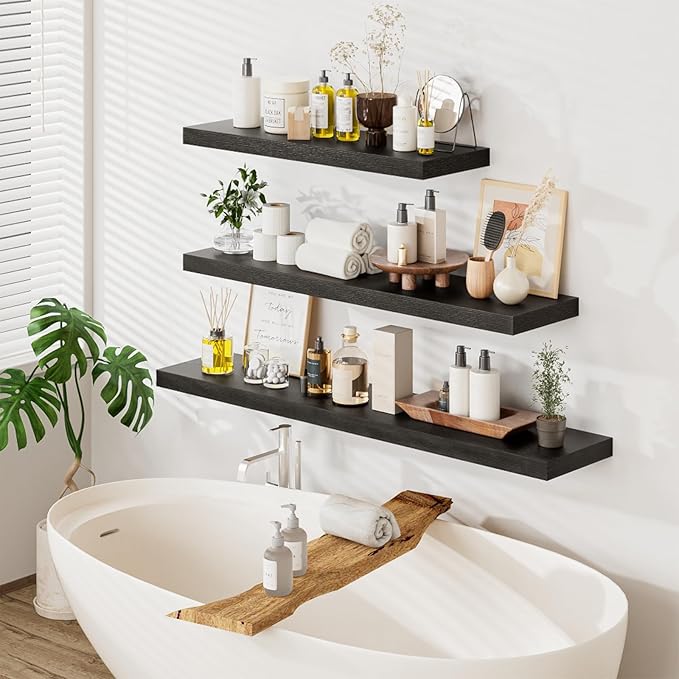 Heimlove 12inch Deep Floating Shelves for Wall, Mounted Shelves 48" W x 12" D x 1.5" H, wall Shelf for Bedroom Living Room Bathroom Kitchen Home Office, Set of 1, Black