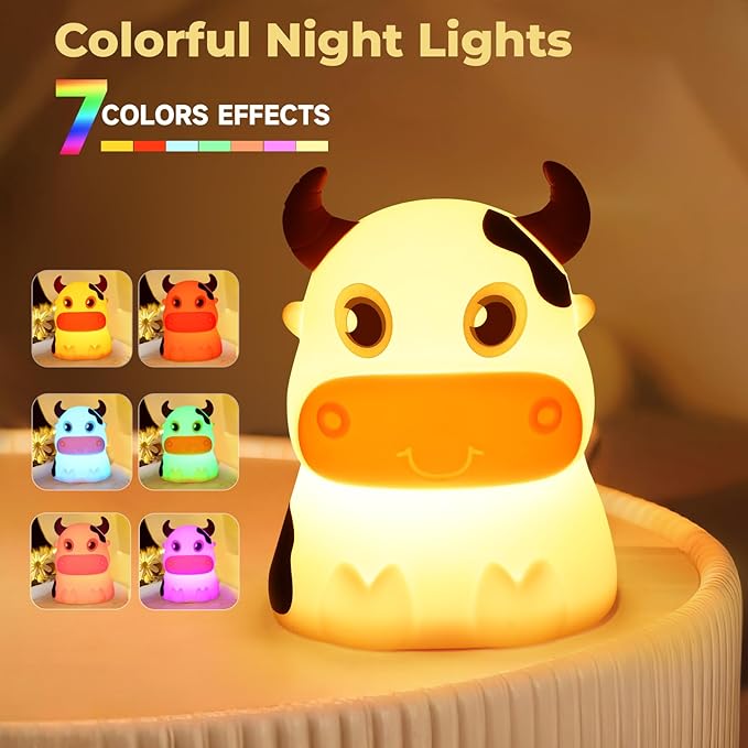 AVEKI Night Light for Kids, Portable Tap Control Rechargeable Nightlight Lamp, Color Changing, Silicone Cute Muti Color Cow Night Lamp Bedroom Decor for Infant or Toddler (Cows-USB)