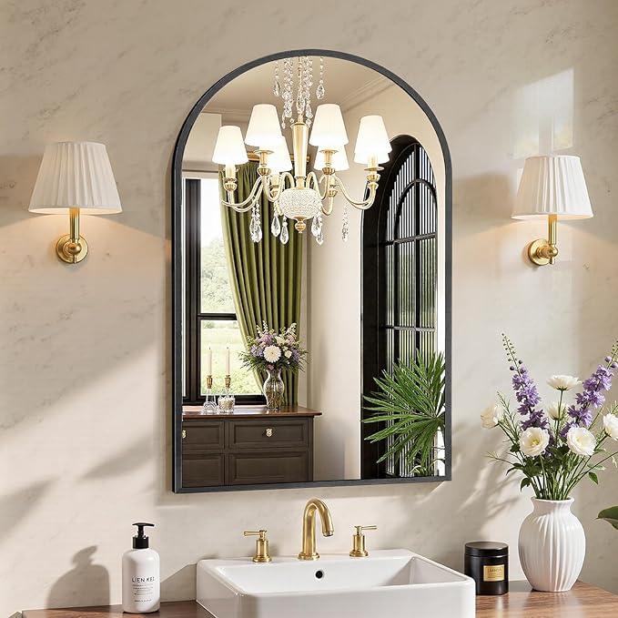 NEWBULIG 22X30 Inch Arched Bathroom Mirror for Wall, Vanity Bathroom Mirrors for Over Sink Tempered Glass, Anti-Rust Arched Metal Framed, Hangs Horizontally or Vertically, Farmhouse Home Decor, Black