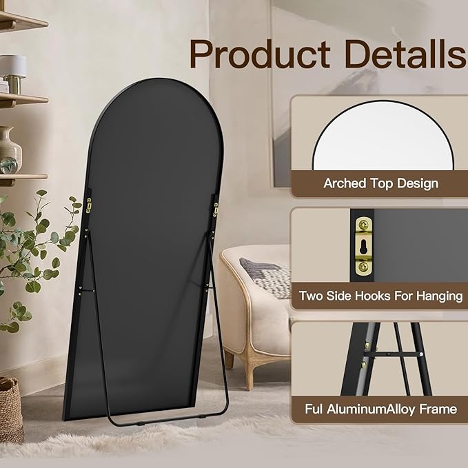 SUNQUEEN 76"x34" Floor Mirror Full Length, Arched Full Length Mirror with Stand, Full Body Mirrors for Bedroom Living Room or Cloakroom Black