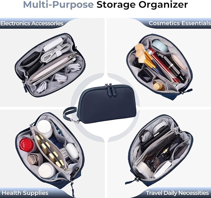 FYY Travel Cable Organizer - 8 Compartments Lightweight Water Resistant Tech Pouch with Wrist Strap, Portable Electronic Accessories Case for Cord Charger Storage for Travel Home Office, Navy (Small)