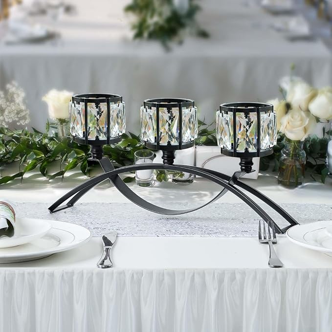 Black 3-Arm Crystal Candle Holders Arched - Elegant Tabletop Candelabra Centerpiece for Weddings, Dining Room Decor, Modern Home & Cabinet Display for & Housewarming