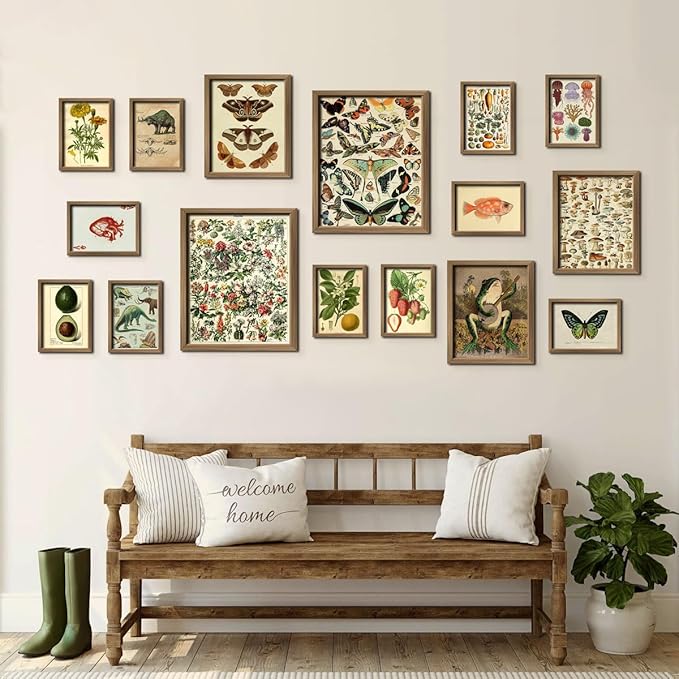 ANERZA 16 PCS Framed Vintage Wall Art Decor, Botanical Cottagecore Wall Prints for Bedroom, Gallery Wall Frame Set, Farmhouse Posters for Living Room Aesthetic, Rustic Dorm Home Collage Kit