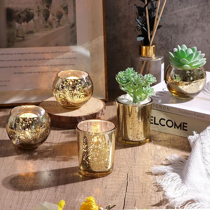 DEVI 24pcs Assorted Gold Votive Candle Holders, Mercury Glass Candle Holder, Diwali Decorations, Gold Wedding Centerpieces for Tables, Bridal Shower Party Table Decorations
