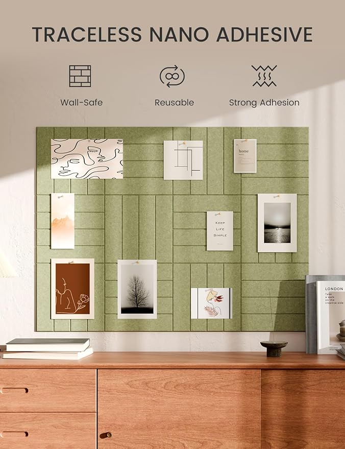 Bumusty Large Cork Board Alternative-48 x 36" Felt Bulletin Board Tiles, with 30 Pushpins, 70 Adhesive Tabs, Bold-Stripe 12-Pack, Cork Boards for Office Push Pin Board Felt Board-Olive Green