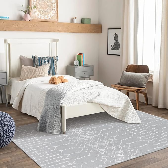 Lahome Moroccan Washable Living Room Area Rug 3x5 Small Rugs for Bedroom Throw Non-Slip Low-Pile Entryway Rug Kitchen Rugs Soft Grey Distressed Capet for Office Bathroom Laundry Room Dining Room Hana