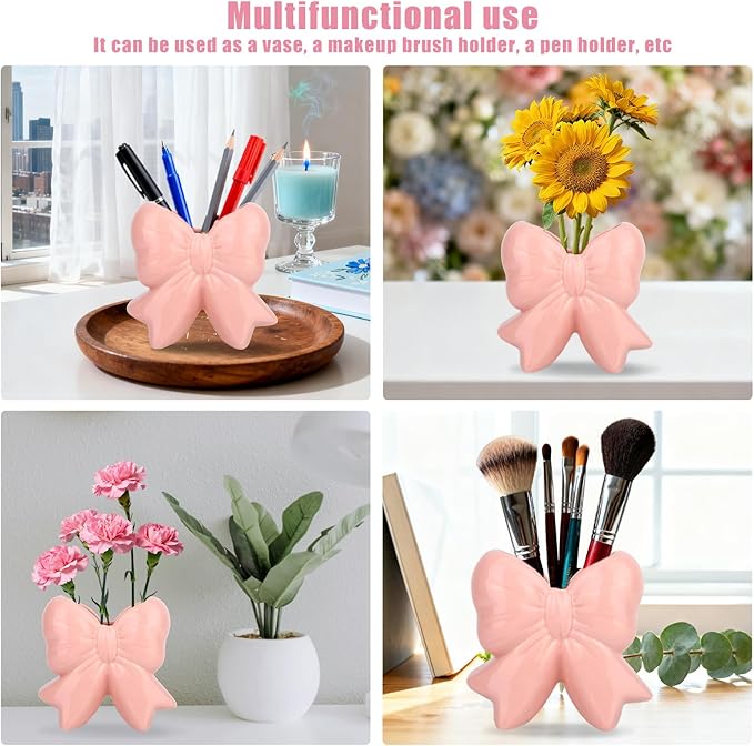 Pink Bow Ceramic Vase, Pink Ceramic Vase Pen Holder Makeup Brush Organizer for Home Office Decor