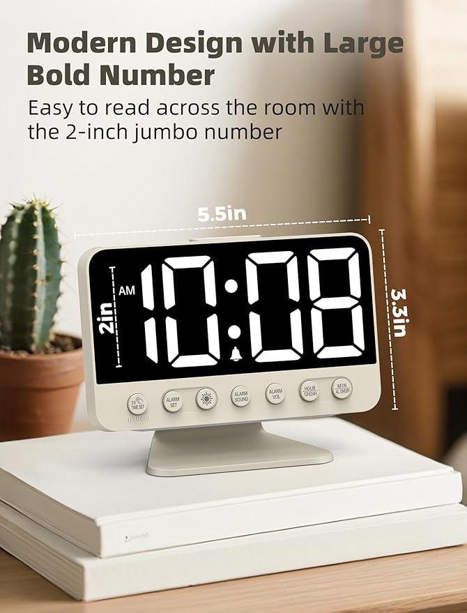 Odokee Digital Alarm Clocks for Bedrooms: Large Bold Number 5 Brightness Dimmer - Easy to Read Across The Room - 5 Alarm Sound 8 Night Light - Putty