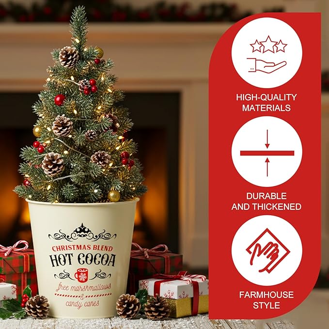 Moxweyeni 4 Pcs Christmas Galvanized Bucket 5.9'' Farmhouse Metal Basket Bucket Planters Pot Rustic Decorative Tin Farmhouse Vintage Flower Holder Decor for Xmas Home Outdoor Indoor Storage Decor