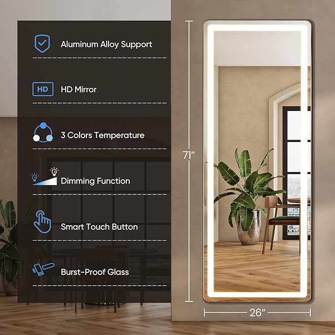 Mirror Full Length, Upgraded Body Wall Mirrors with Shatter-Proof Glass, Floor Standing, Hanging or Leaning, Tall Mirror with Stand Aluminum Alloy Frame for Bedroom