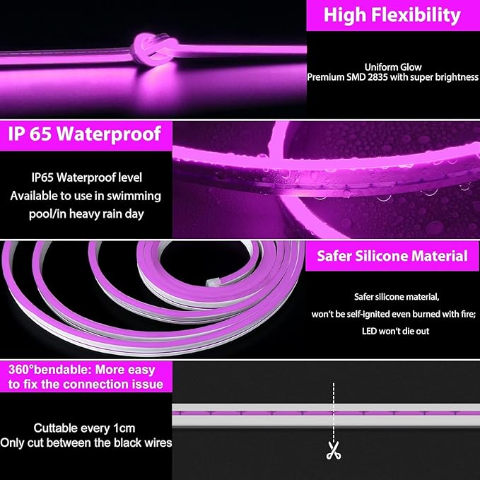Lamomo LED Neon Lights Purple, 12V 0.39In/Cut Silicone Waterproof DIY Led Strip Lights for Bedroom Indoor Outdoor Decoration（Power Adapter not Included）