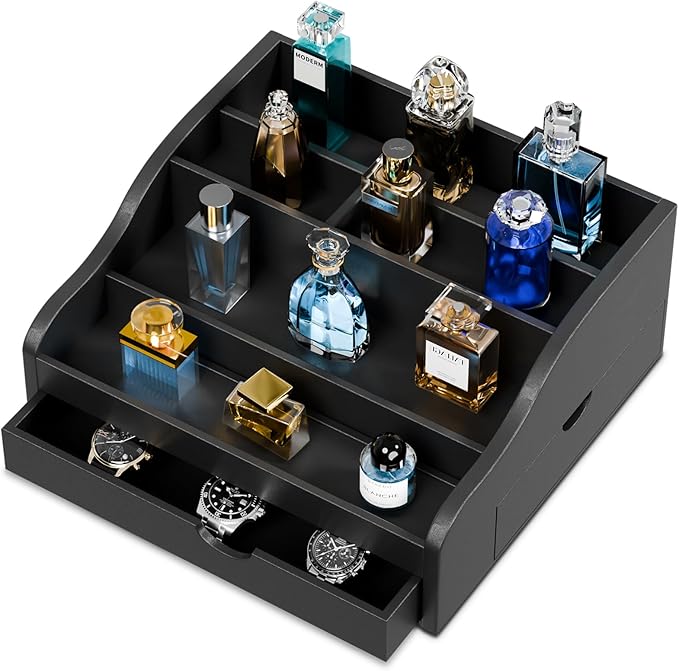 Perfume Organizer for Men，4 Tier Cologne Organizer for Men，Wood Cologne Stand with 2 Drawer and Hidden Storage for Watch, Jewelry, Perfume Display Risers, A Gifts for Man (Black)