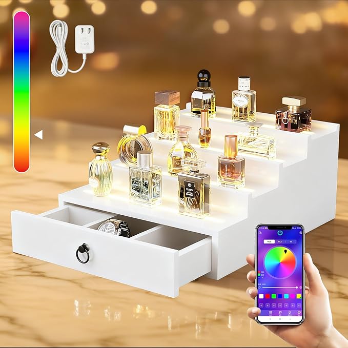 RGB LED Lighting Perfume & Cologne Organizer for Men with APP Control,Music Beat Sync LED,Cologne Stand Shelf,4-Tier white Wood,Ideal Gift for Men,Includes 12V Power Adapter for Instant Use (white)
