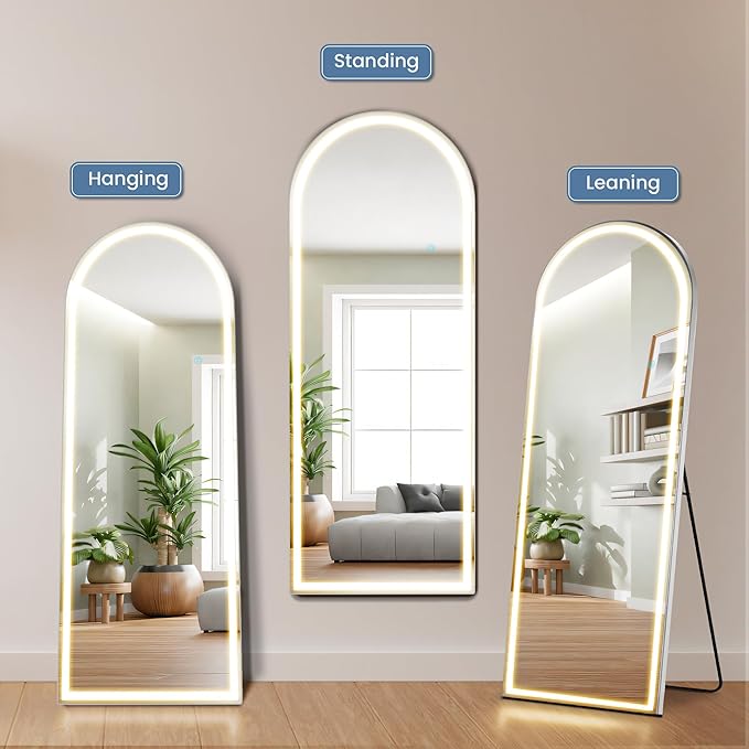 DUMOS Arched Full Length Mirror with Light- 26"×70" LED Floor Standing Mirror with 3 Color Lights & Wall Mounted for Bedroom, Dressing Room, Living Room, Bathroom