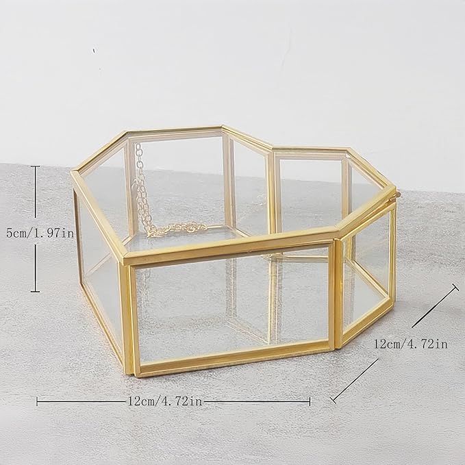 Small Glass Heart Shaped Jewelry Box Clear Ring Trinkets Box with Lid Gold Makeup Organizer Desktop Display Lidded Treasure Box Lady and Girls Gift