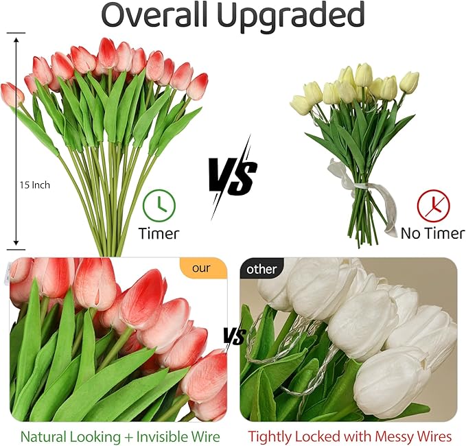 HOMESEASONS 20pcs Tulip Bouquet Lamp Artificial Flower Night Light Real Touch Tulip Night Lamp LED Flower Light Home Kitchen Decor(Pink)