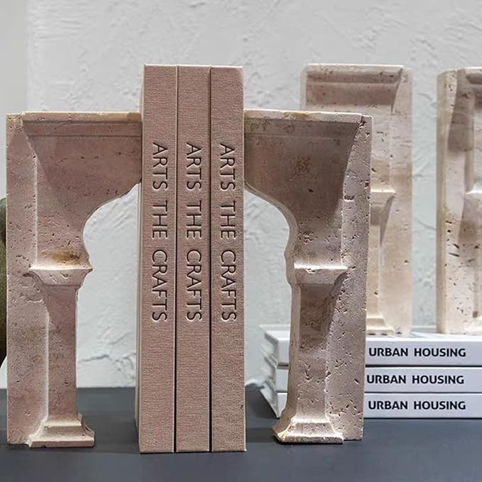 Set of 2 Piece Modern Travertine Bookend, Arc de Triomphe Design, Natural Stone Book Holders for Desk and Shelf (2 pcs 1 Set -Arc de Triomphe)